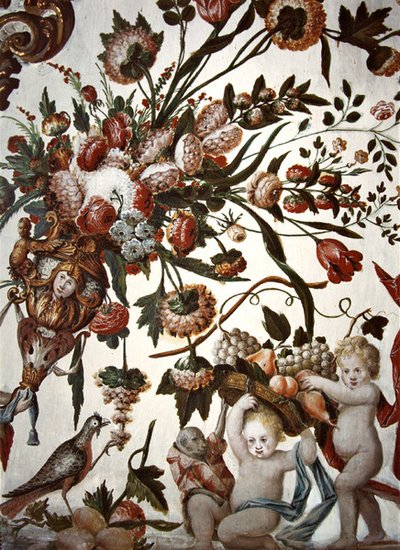 Decor enlivened with flowers, putti and a bird by Tomas Ferrer